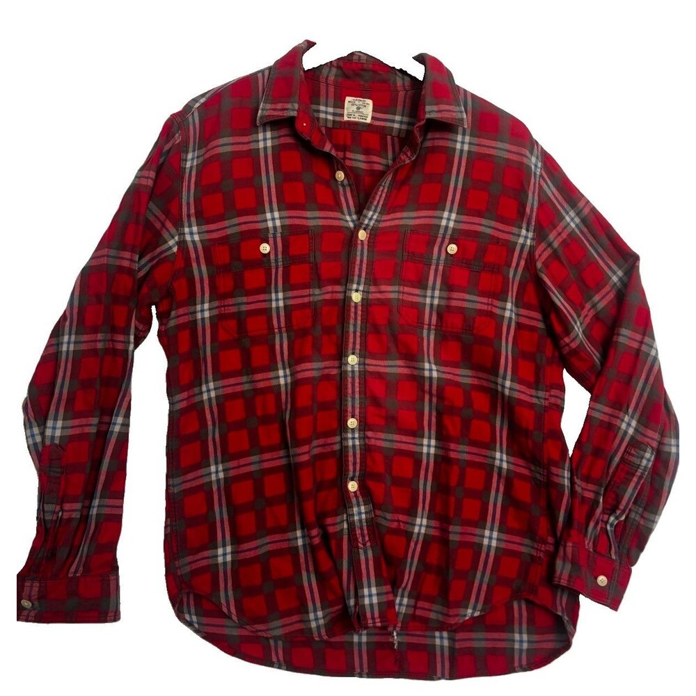 J.Crew Red Plaid Flannel Shirt Large 100% Cotton Button Front Classic Lumberjack